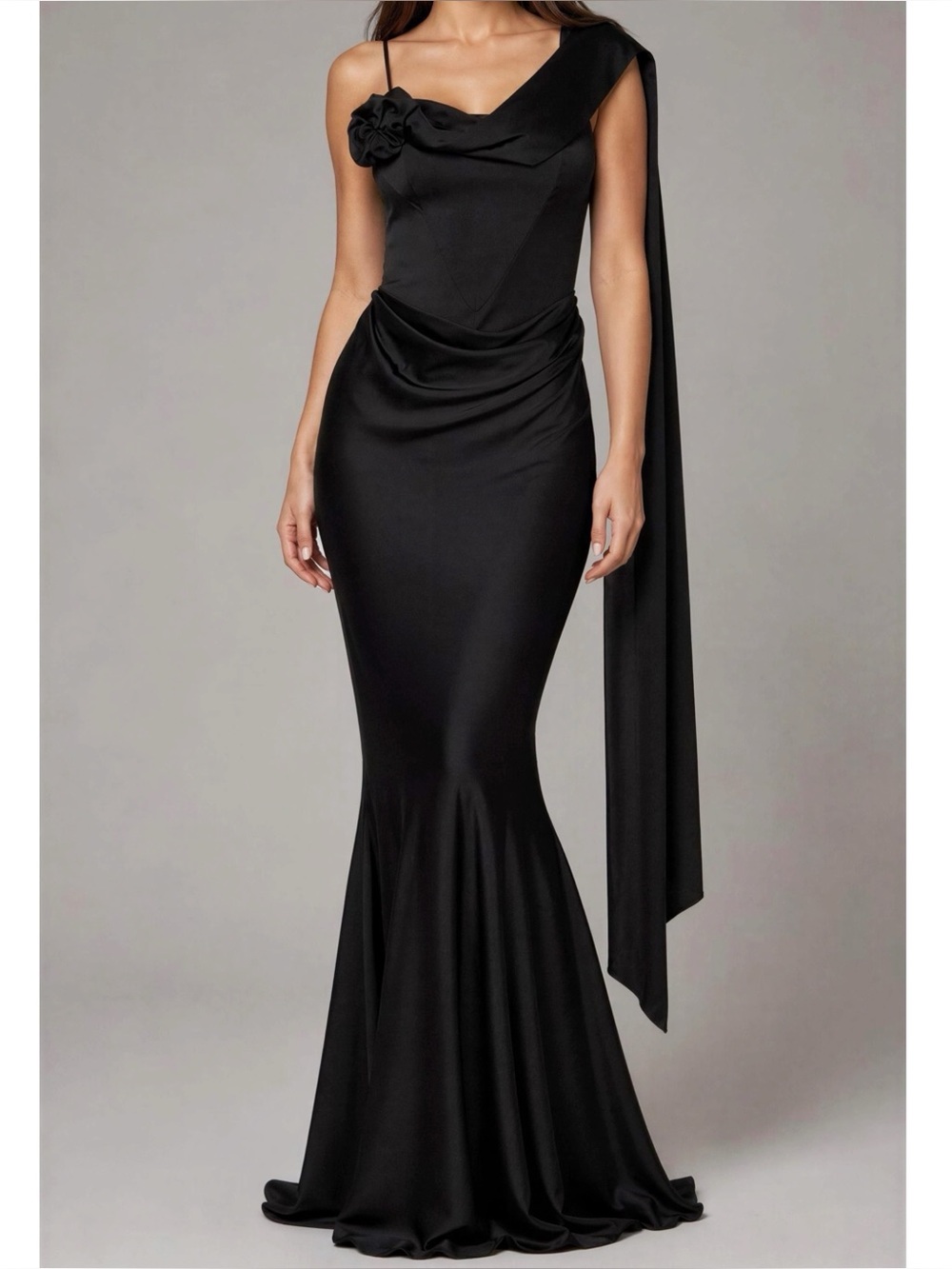 LEAU Celine Corset Drape Satin Gown, Black,Small